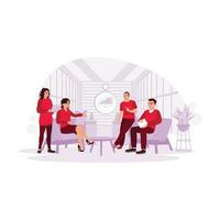 The young working people get together, discuss business, and promote creative teamwork and cooperation. Trend Modern vector flat illustration.