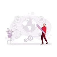 Man holding a big pencil in hand, doing online digital marketing through websites to all corners of the world. Trend Modern vector flat illustration.