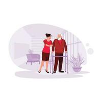 Portrait of a young nurse helping an old male patient learn to walk using a walker. Trend Modern vector flat illustration.