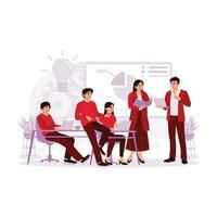 Young boss presenting a business project in a meeting in front of employees. Trend Modern vector flat illustration.