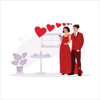 Young couple in love, shining in beautiful clothes, looking at mobile phone happily, in the middle of a beautiful room with hot coffee dishes. Trend Modern vector flat illustration