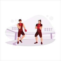 Two professional boxers, boxing duel in the ring, with power and attack. Trend modern vector flat illustration.