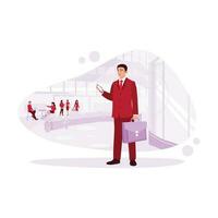 Professional male businessman, carrying a briefcase and holding a cell phone, walking confidently in front of the office building. Trend modern vector flat illustration.
