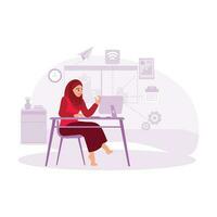 Muslim businesswoman, wearing hijab, working professionally in the office with a computer. Trend modern vector flat illustration.