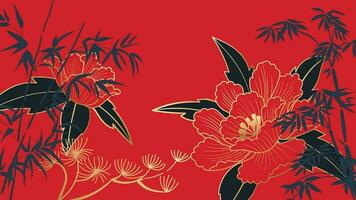 Happy Chinese new year luxury style pattern background vector. Oriental elegant peony flower, bamboo leaves on red background. Design illustration for wallpaper, card, poster, packaging, advertising. vector