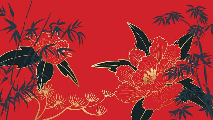 Happy Chinese new year luxury style pattern background vector. Oriental elegant peony flower, bamboo leaves on red background. Design illustration for wallpaper, card, poster, packaging, advertising.