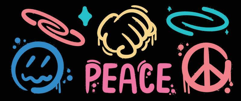 Set of graffiti spray paint vector. Brush paint ink drip collection of text, word, peace symbol, emoji, sparkle, hand. Neon spray design illustration for decoration, card, sticker, street art.