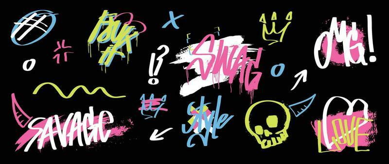Set of graffiti spray paint vector. Brush paint ink drip collection of text word, arrow, crown, heart, omg, love, skull. Neon spray design illustration for decoration, card, sticker, street art.