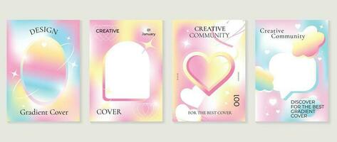 Idol lover posters set. Cute gradient holographic background vector with pastel color, heart, flower, sparkles, star. Y2k trendy wallpaper design for social media, cards, banner, flyer, brochure.