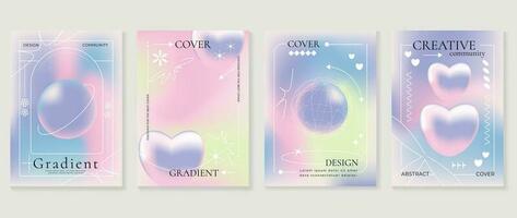 Idol lover posters set. Cute gradient holographic background vector with pastel colors, 3d heart, flower, star, sparkle. Y2k trendy wallpaper design for social media, cards, banner, flyer, brochure.