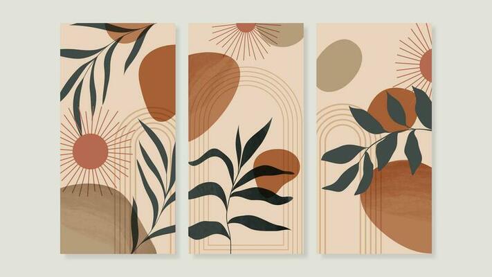 Set of abstract foliage wall art vector. Leaves, geometric shape, earth tone color, tropical leaf in hand drawn style. Watercolor wall decoration collection design for interior, poster, cover, banner.