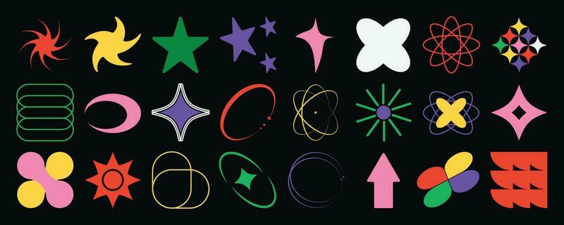 Set of abstract retro geometric shapes vector. Collection of contemporary figure, flower, star, sparkle in 70s groovy style. Bauhaus Memphis design element perfect for banner, print, stickers, decor.