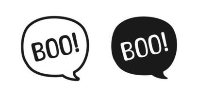 Boo text in speech bubble. Outline and Silhouette design doodle for print. Vector illustration. Happy Halloween greeting card graphics.