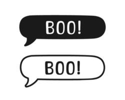 Boo text in speech bubble. Outline and Silhouette design doodle for print. Vector illustration. Happy Halloween greeting card graphics.