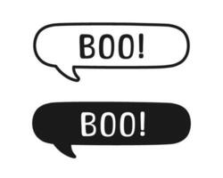 Boo text in speech bubble. Outline and Silhouette design doodle for print. Vector illustration. Happy Halloween greeting card graphics.