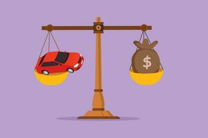 Graphic flat design drawing money sack scales concept with a car on one side and sack of money on the other. Sale and business purchase new car metaphor, logo, icon. Cartoon style vector illustration