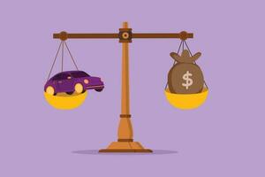 Graphic flat design drawing money sack scales concept with a car on one side and sack of money on the other. Sale and business purchase new car metaphor, logo, icon. Cartoon style vector illustration