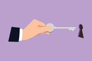 Cartoon flat style drawing of key in hand holds businessman to open business. Open the door lock. Keyhole isolated on blue background. Unlock opening. Sign in house. Graphic design vector illustration