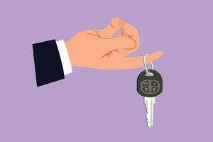 Cartoon flat style drawing hand holding hanging car key and alarm system. Hand holding car key with alarm keychain. Hand of car salesman manager holding key symbol. Graphic design vector illustration