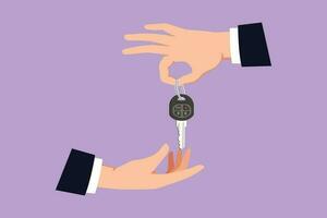 Cartoon flat style drawing car seller hand giving key and alarm system to buyer. Car rental for sale concept. Hand of car salesman manager holding key logo, symbol. Graphic design vector illustration