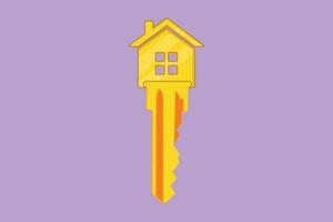 Cartoon flat style drawing yellow key and house icon shape. Elegant key house logo icon, real estate symbol template. Success, solution, opportunity, safety concept. Graphic design vector illustration