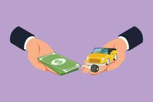 Character flat drawing of buying or renting car logo, icon, symbol. Car and money holding in hand. Hand of car salesman manager and customer holding car and money. Cartoon design vector illustration