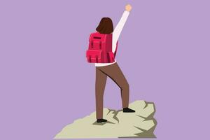 Cartoon flat style drawing climber woman stands with arms outstretched on top of mountain. Winner motivational logo. Tourist with backpack. Traveler in summer rocks. Graphic design vector illustration
