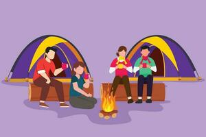 Cartoon flat style drawing two couple hikers sitting on log of wood near campfire in forest. People drinking hot tea, camping gear, backpack. Outdoor sport, tourism. Graphic design vector illustration