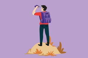 Graphic flat design drawing back view of man with backpack, binoculars in summer mountain landscape, outdoor activity, travel, camping, backpacking trip, expedition. Cartoon style vector illustration