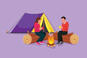 Graphic flat design drawing couple near bonfire, romantic date out of town, camping. Man and woman getting warm near campfire, drinking tea sitting on logs in forest. Cartoon style vector illustration