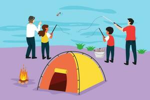 gráfico plano diseño dibujo contento familia cámping. hombre, mujer, niños, familia caminantes pescar con pescar vara. verano camper vacaciones, fiesta cerca río en bosque. dibujos animados estilo vector ilustración