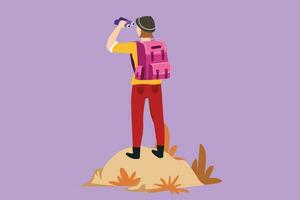 Cartoon flat style drawing back view of girl trekking on mountain. Young woman traveling in mountains, standing on top, looking in binoculars. Tourist outdoor scene. Graphic design vector illustration