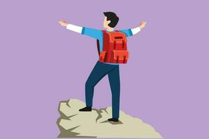 Cartoon flat style drawing climber man stands with arms outstretched on top of mountain. Winner motivational concept. Tourist with backpack. Traveler in summer rock. Graphic design vector illustration