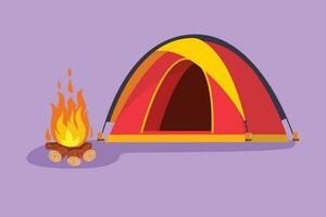 Character flat drawing of family adventure camping evening scene. Tent, nature, campfire, pine forest and rocky mountain, starry night sky with moonlight logo, icon. Cartoon design vector illustration