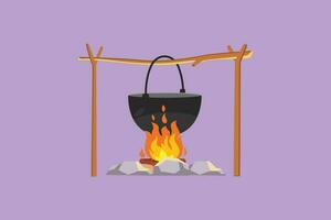 Cartoon flat style drawing pot on campfire for cooking food, boil water for hot tea, and warm body in cold night. Outdoor recreation, adventures in nature, vacation. Graphic design vector illustration