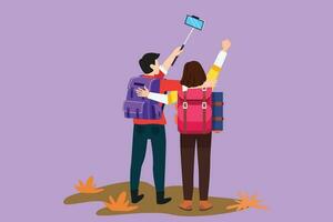 Cartoon flat style drawing back view of couple man woman hikers with backpacks takes selfie in mountains while recording video using his smartphone. Travel blogger. Graphic design vector illustration