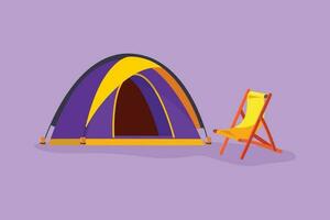 Character flat drawing stylized camping landscape with mountains background. Tents with relax chair in pine forest on the grass. Summer camping on nature logo, icon. Cartoon design vector illustration