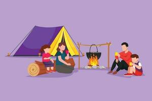 Character flat drawing happy family camping with campfire and boil water in pot. Drinking hot tea. Mom and daughter sitting on logs, dad and son sitting on ground. Cartoon design vector illustration