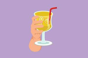 Cartoon flat style drawing hand holding glass with lemonade fruit juice. Drink made of fresh lemon juice. Juicy water with straw. Relaxing time at home with family. Graphic design vector illustration