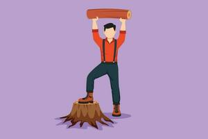 Graphic flat design drawing smiling lumberjack man holding downed log. Wearing suspender shirt, jeans and boots, posing with one foot on tree stump. Male lifting log. Cartoon style vector illustration