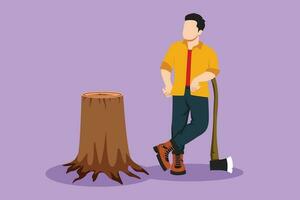 personaje plano dibujo sonriente leñador vistiendo ropa de trabajo, en pie con hacha y posando con uno pie en un árbol tocón. activo y fuerte hombre apoyarse con hacha a bosque. dibujos animados diseño vector ilustración