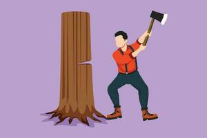 Graphic flat design drawing lumberjack with an ax chopping wood. Woodcutter chopping tree with axe. Wearing shirt, jeans and boots. Man with ax in his hands cut tree. Cartoon style vector illustration