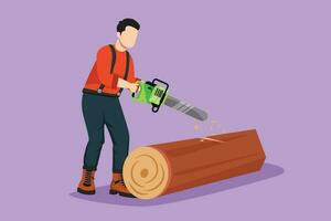 Character flat drawing wood industry worker with chainsaw working. Active strong man logger sawing log in forest. Lumberjack cut timber wood, woodcutter occupation. Cartoon design vector illustration