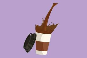 Character flat drawing of pouring coffee into paper cup causing splash. Coffee pouring into disposable paper cup and creating splashes. Zero waste beverage concept. Cartoon design vector illustration