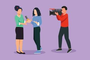 Graphic flat design drawing pretty girl journalist with microphone, interview woman in front of camera. Reporter, cameraman broadcast breaking news at live streaming. Cartoon style vector illustration