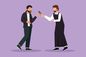 Cartoon flat style drawing active Arabian man journalist with microphone making interview with businessman. Professional journalist in conversation, asking opinion. Graphic design vector illustration