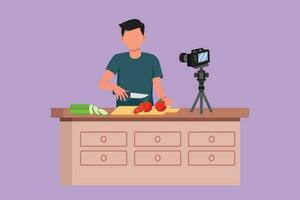 Character flat drawing of young man chef in uniform standing in kitchen and cutting onion while filming himself for blog. On kitchen counter are vegetables, spices. Cartoon design vector illustration