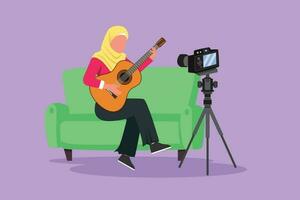 Cartoon flat style drawing beautiful Arab woman blogger recording, live steam playing guitar on social media. Concept of guitarist online lesson while stay at home. Graphic design vector illustration