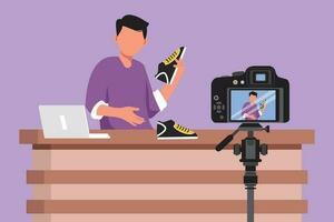 Graphic flat design drawing active young male blogger makes video review on camera on topic of sneakers. Online shopping, social media and influencer concept, symbol. Cartoon style vector illustration