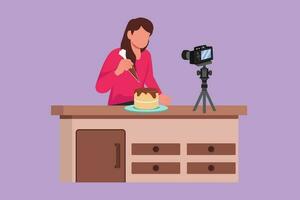 Graphic flat design drawing pretty girl baking and decorating cake at kitchen logo. Woman blogger recording video on camera, using tripod, posting it on social media. Cartoon style vector illustration